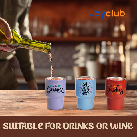Joyclub stackable 3 oz tumbler design saves cabinet space and simplifies storage.