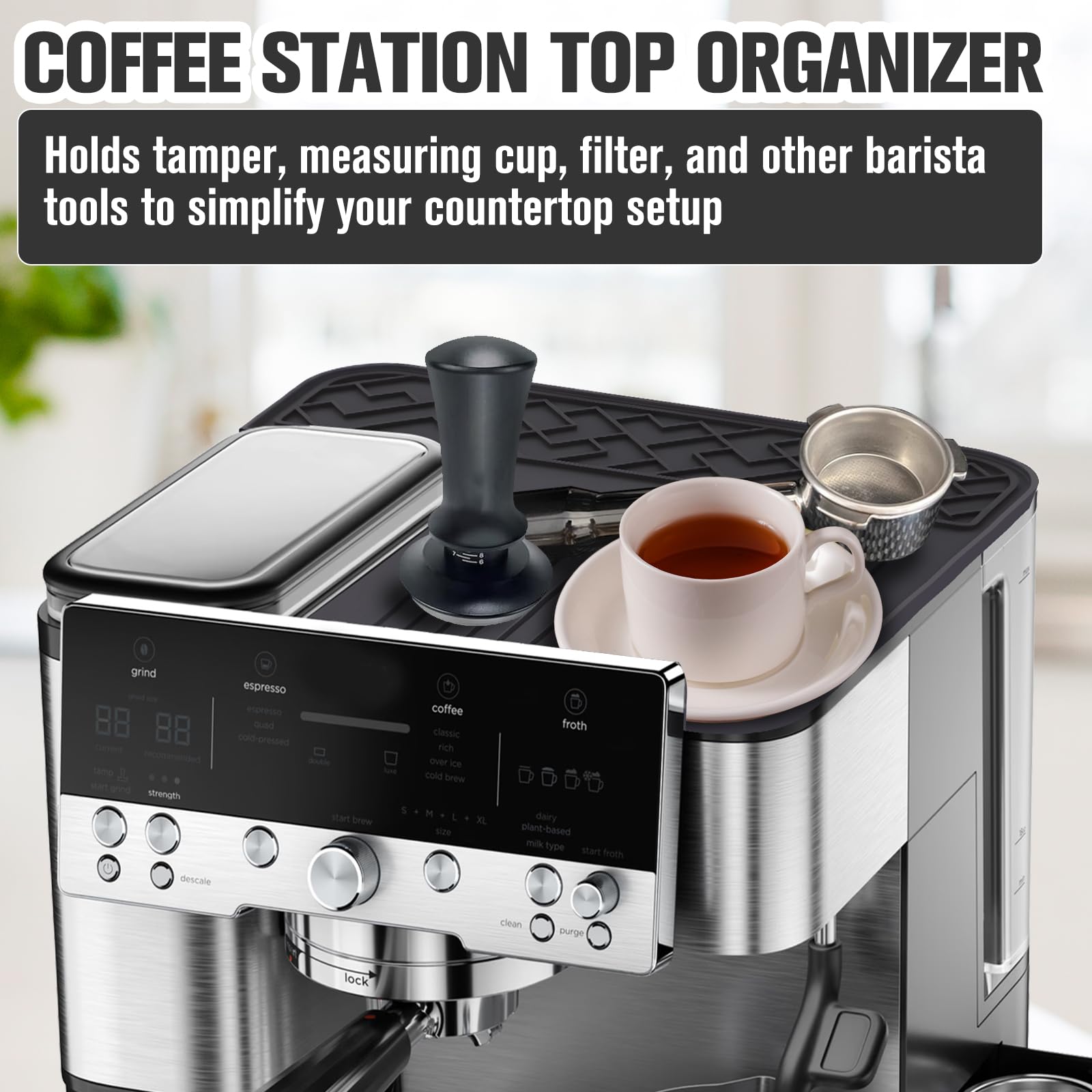 JOYCUBE top mat with barista tool storage keeps tamper and cup handy.