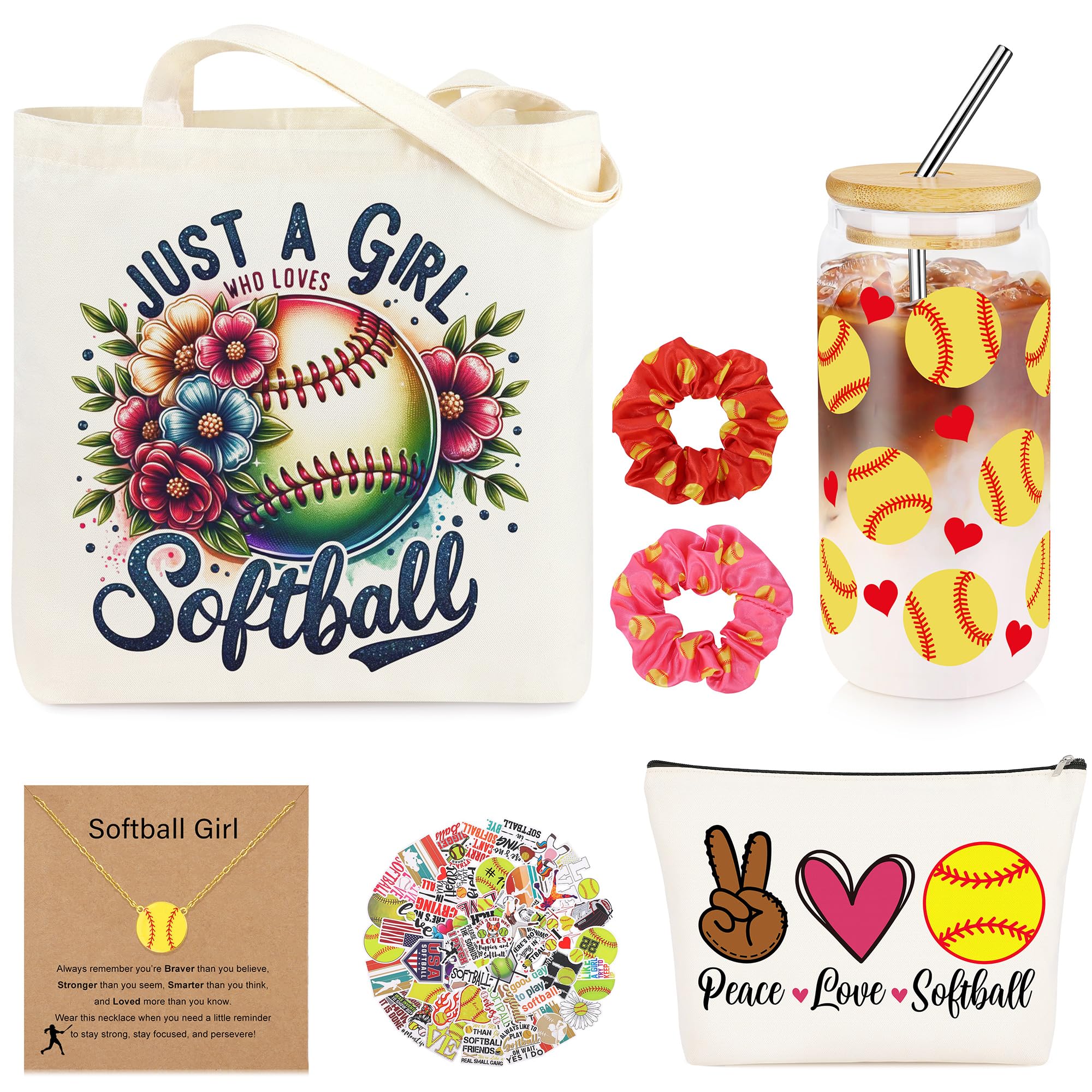 JoycuFF 16oz glass tumbler with yellow softball design for on-the-go hydration.