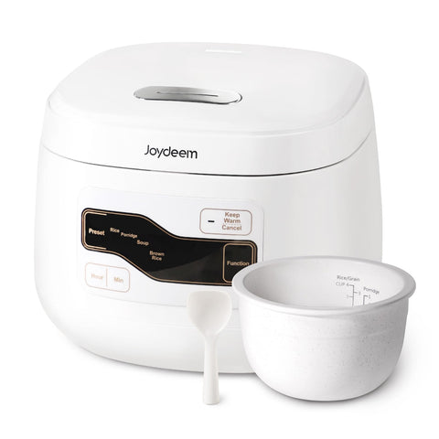 Joydeem ceramic inner pot close-up showing smooth non-stick surface for easy cleaning and even heating.