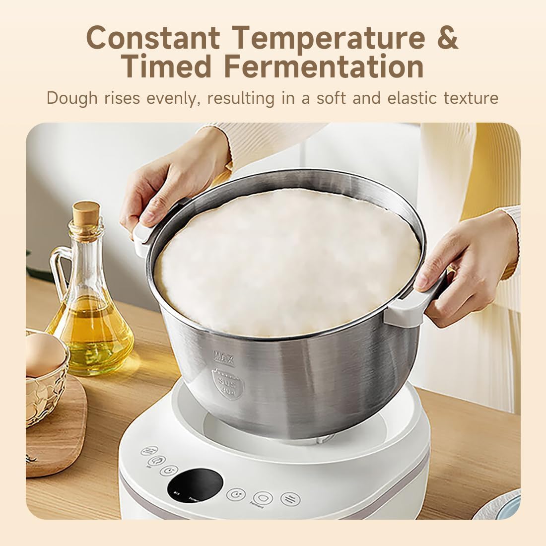 Joydeem dough maker side panel with control knobs for kneading and fermentation settings
