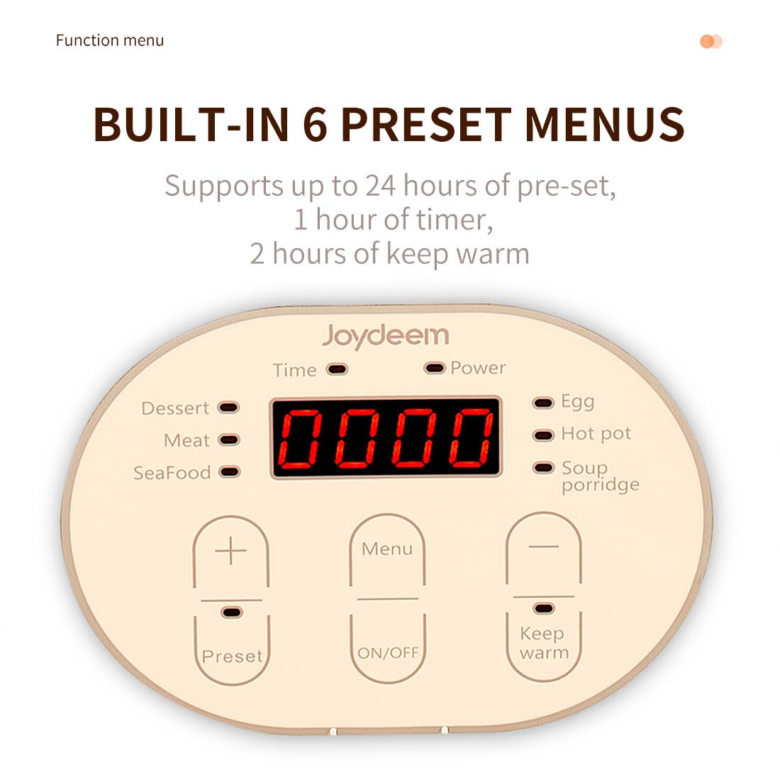 Joydeem steamer with 29cm diameter and 8cm depth for large batch cooking.