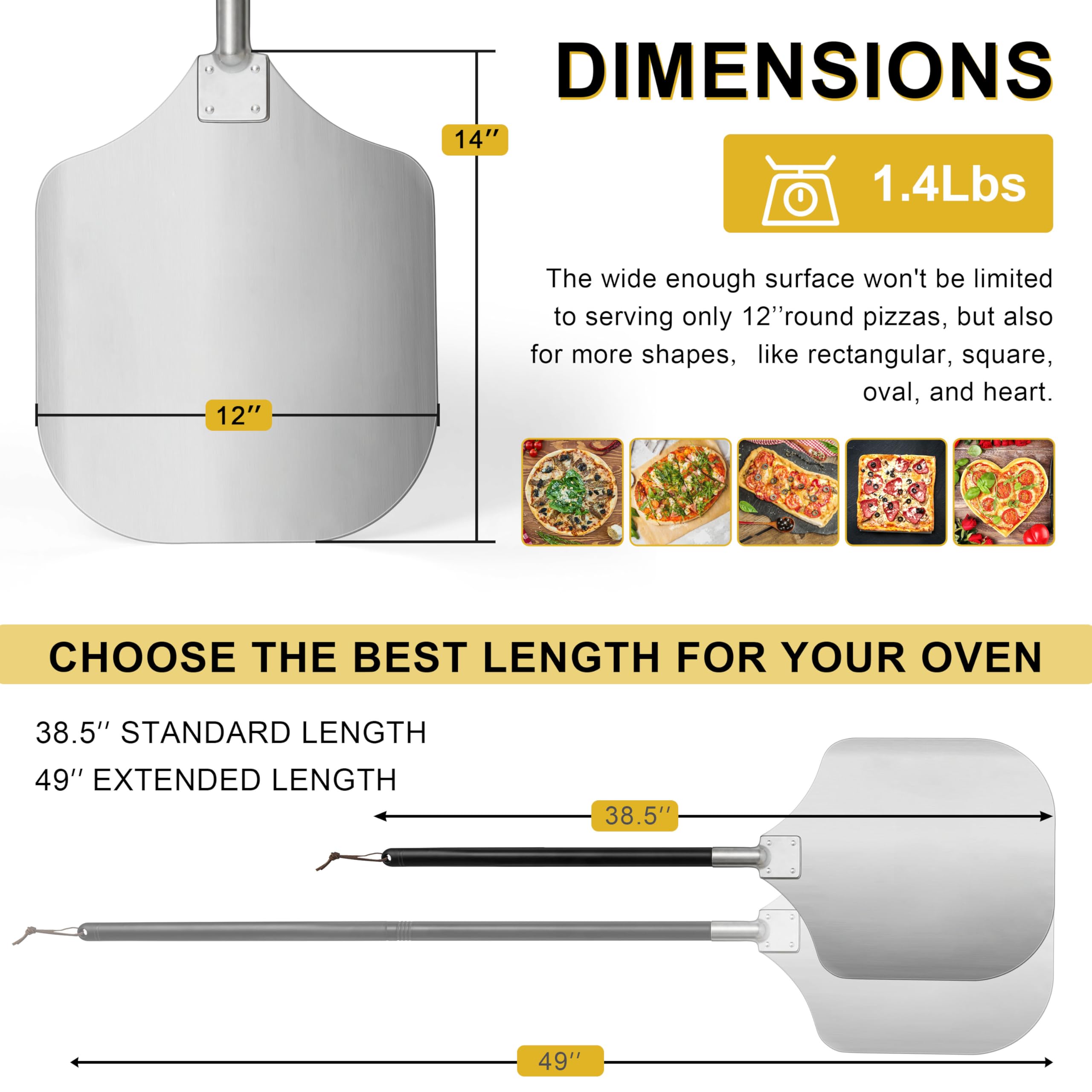 Joyfair long-handle pizza peel showing extended reach to minimize heat exposure.