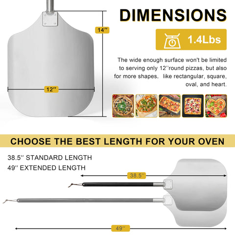 Joyfair long-handle pizza peel showing extended reach to minimize heat exposure.