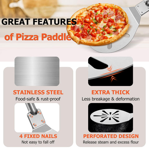 Extended length Joyfair pizza peel handle for greater reach away from heat.