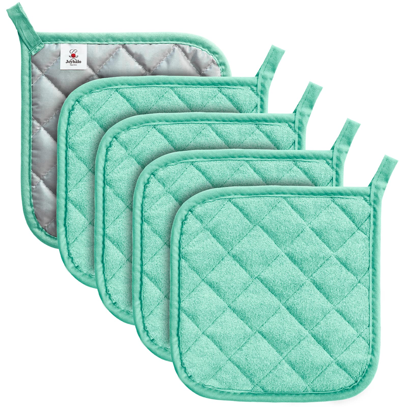 JoyHalo 5-pack pot holders in terry cloth stacked, protects surfaces during cooking.