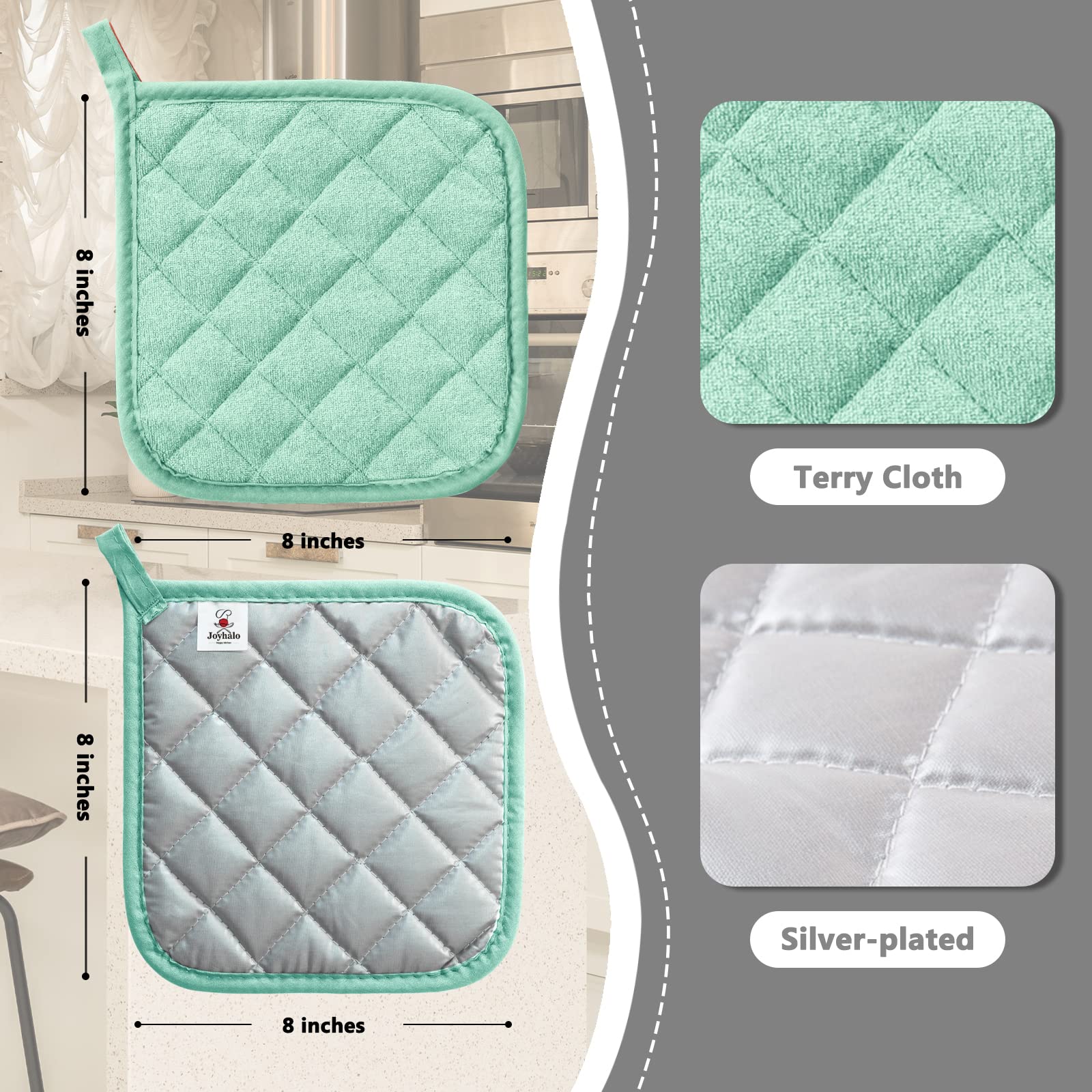 JoyHalo quilted padded pot holders in close-up show thick padding for oven removal.