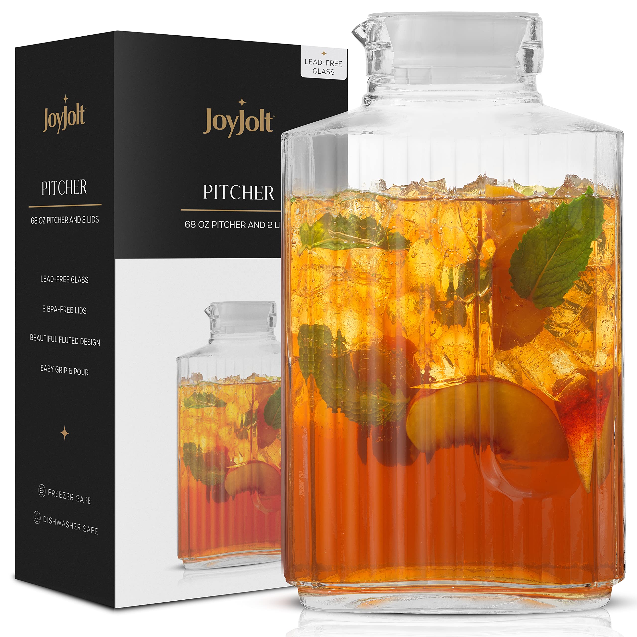 JoyJolt 68oz glass pitcher pouring with a lid for mess-free serving.