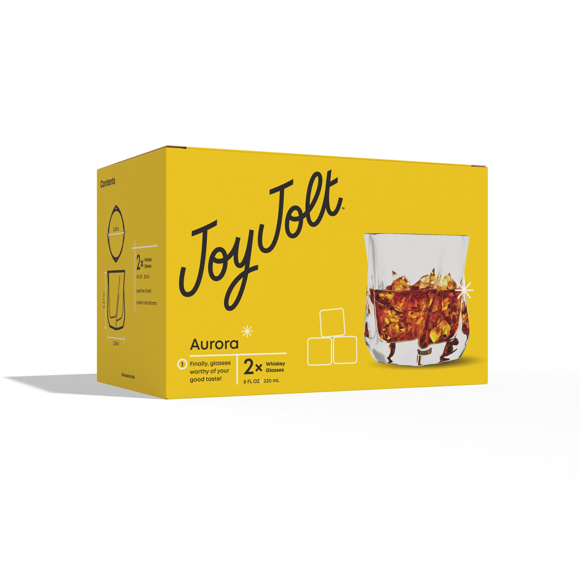 JoyJolt Aurora crystal glasses with bourbon on the rocks, savor the aroma.