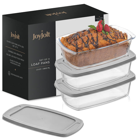 JoyJolt glass loaf pan set with lid, front view, ready for baking and storage.
