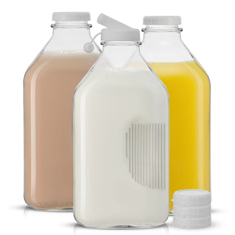JoyJolt glass milk bottle with lids and pourer for mess-free pouring