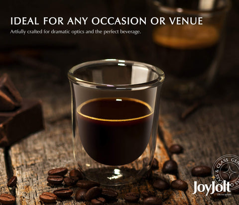JoyJolt Javaah espresso glasses shown as microwave and dishwasher safe for easy cleanup