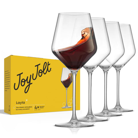 JoyJolt Layla four-piece set for elegant entertaining with Italian red wine.