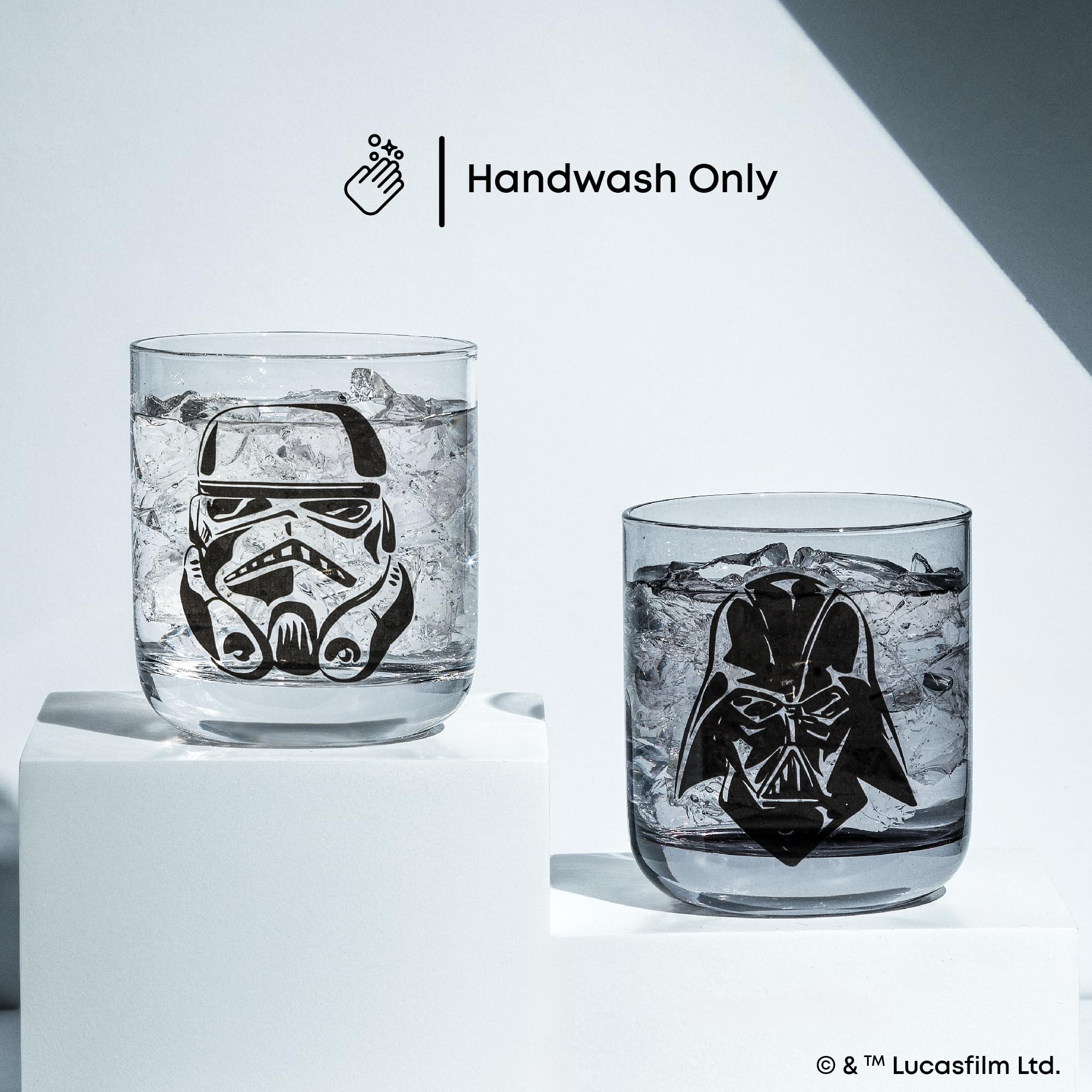 Darth Vader detail close-up on black glass highlighting crisp monochrome artwork