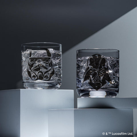 Stormtrooper detail close-up on clear glass showcasing high-contrast Star Wars imagery