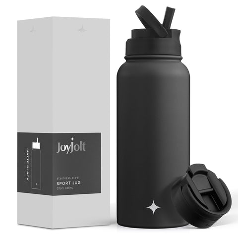 JoyJolt triple-insulated 32oz bottle with straw lid keeps cold drinks refreshingly cool.