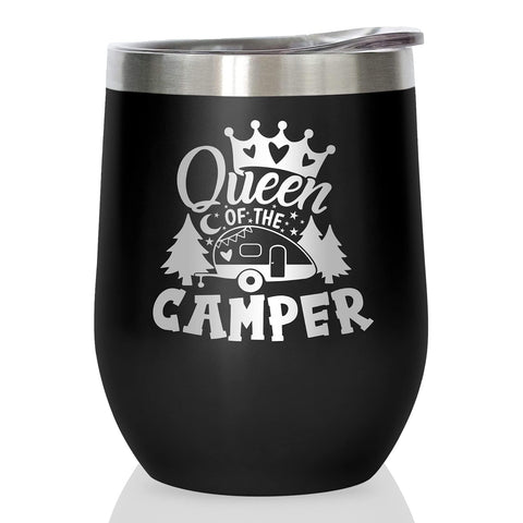 Joyloce Queen of the Camper wine tumbler with lid for spill-free camping