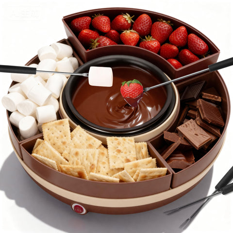 JoyMech cheese and chocolate fondue pot with four-section tray for party dipping