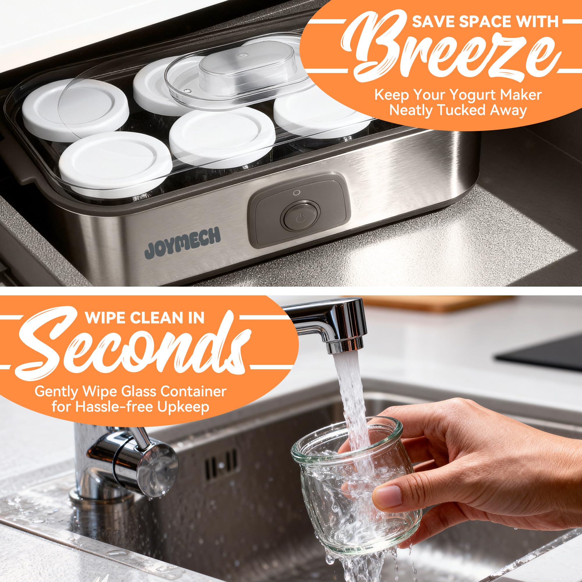 JoyMech dishwasher-safe glass jars simplify cleanup after yogurt making.
