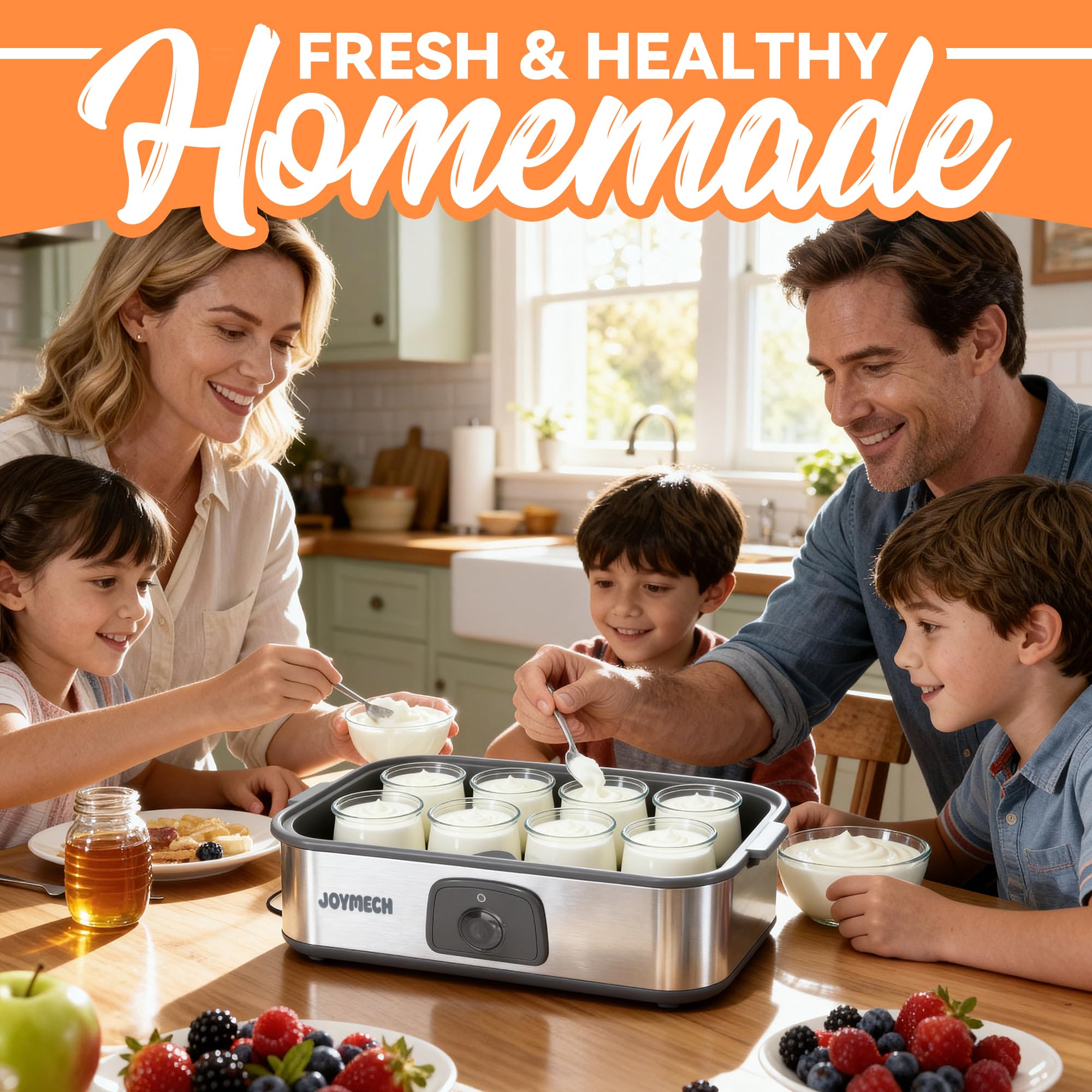JoyMech jars displaying varied yogurt textures and toppings like fruit and honey.