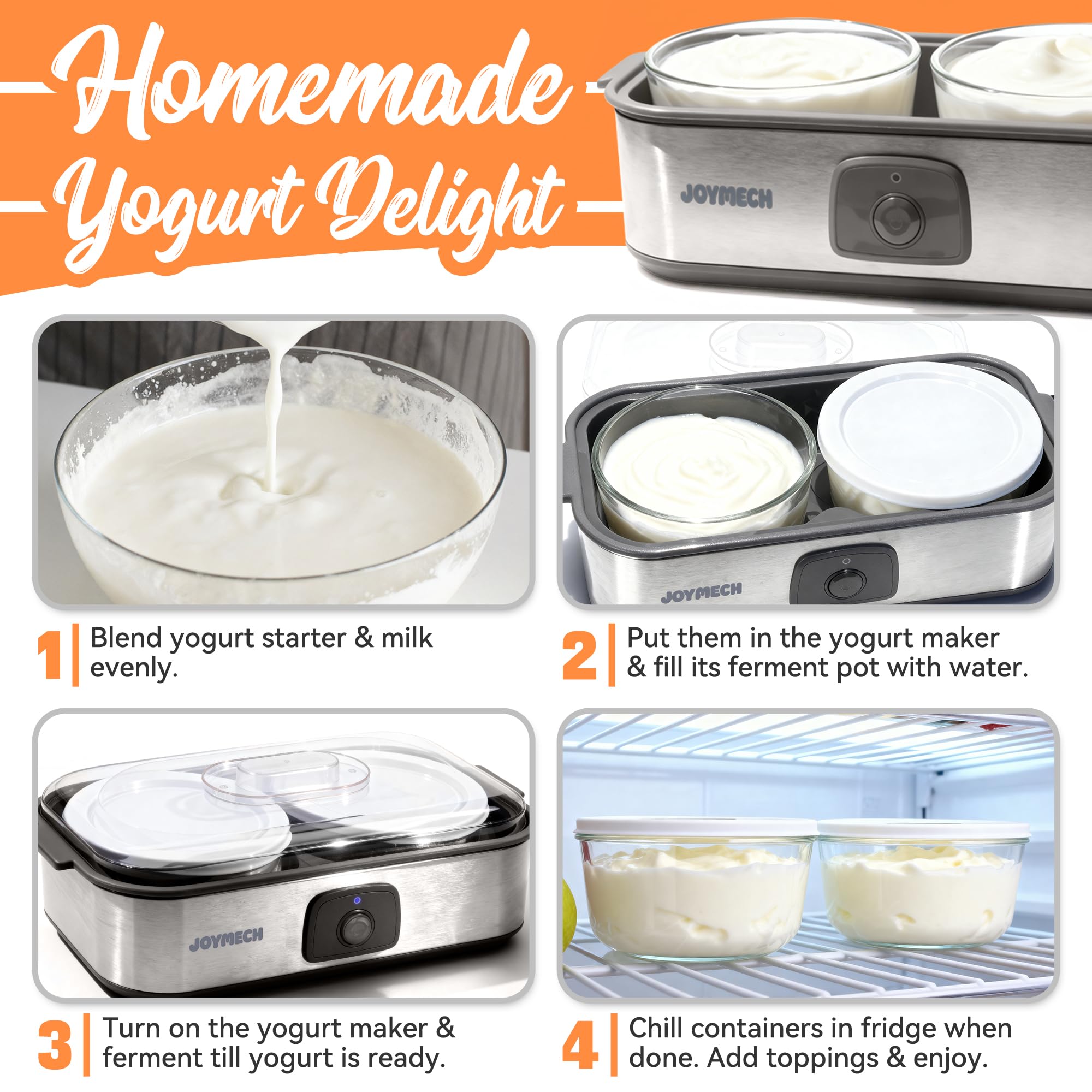 JoyMech Yogurt Maker dishwasher-safe glass jars simplify cleaning after batches.
