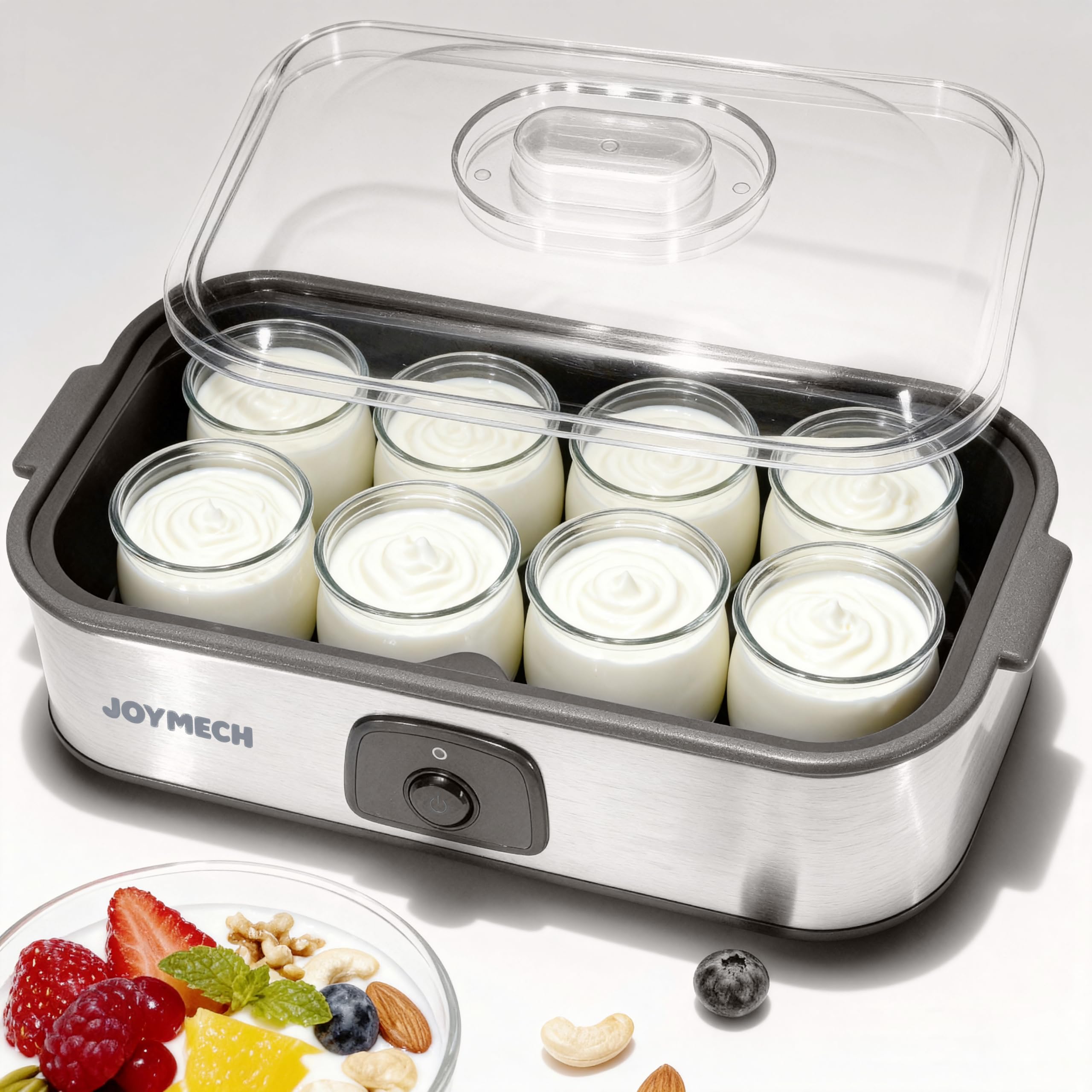 JoyMech yogurt maker with eight glass jars on a kitchen counter for customizable homemade yogurt.