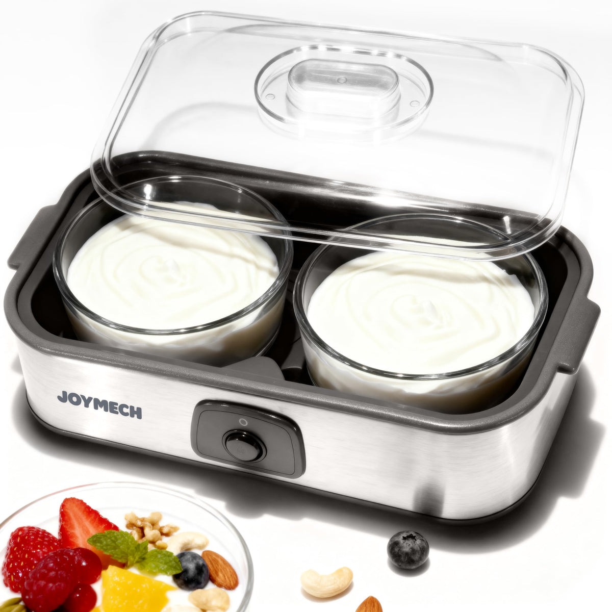 JoyMech Yogurt Maker front view showing compact at-home yogurt setup.