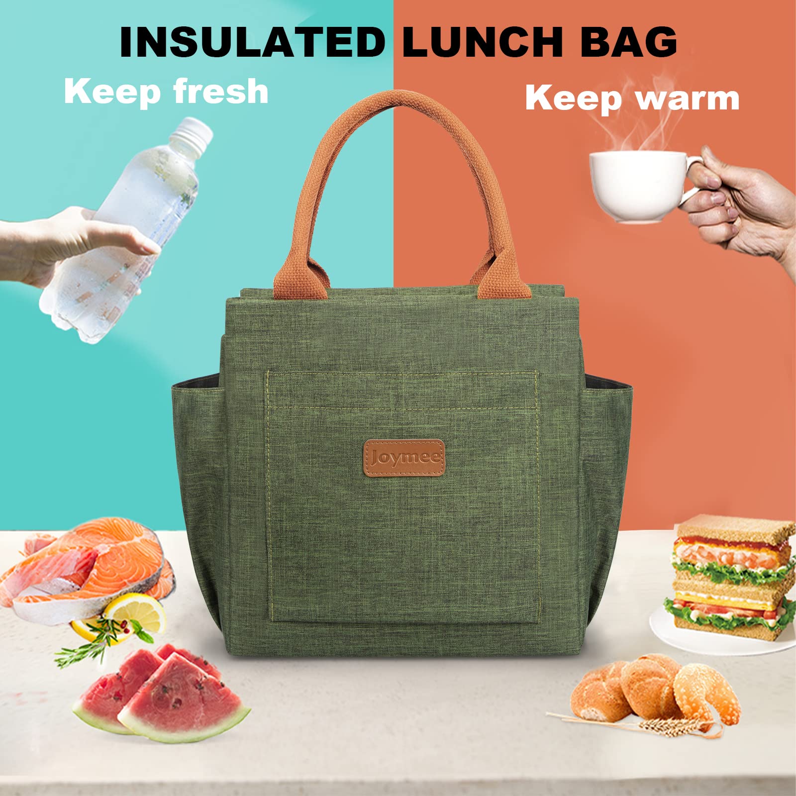 Joymee lunch bag double zipper and sturdy handles for daily use.