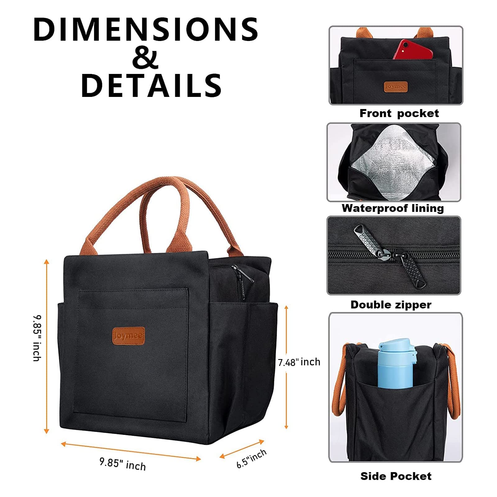 Joymee lunch bag front compartment for utensils and napkins organization