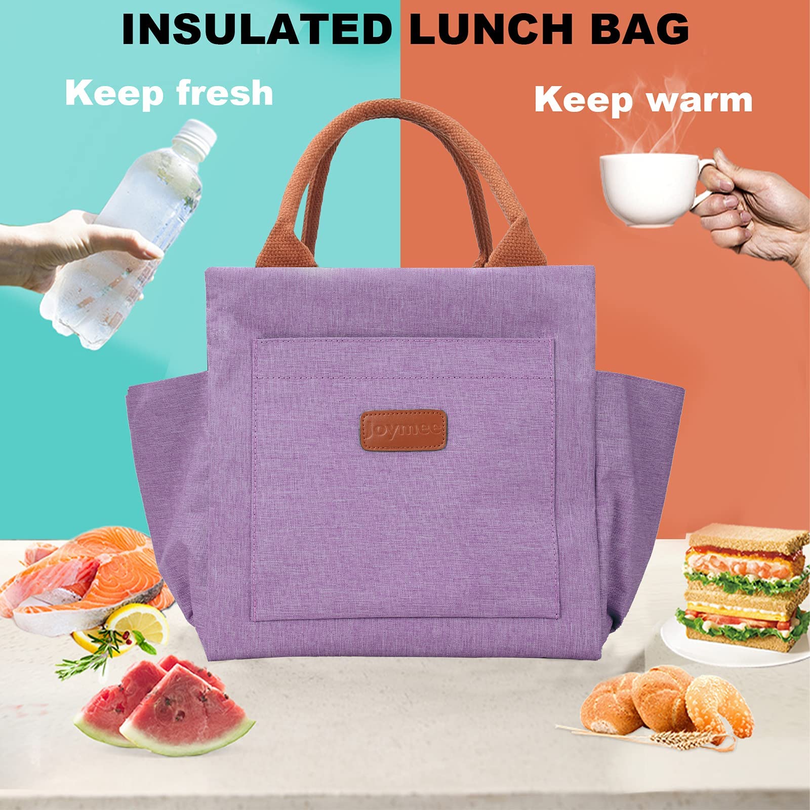 Joymee lunch bag leakproof Oxford shell protects contents on the go.