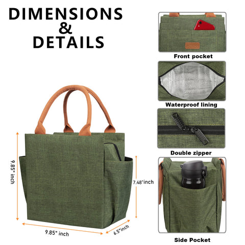 Joymee lunch bag side pocket stores a water bottle for on-the-go hydration.