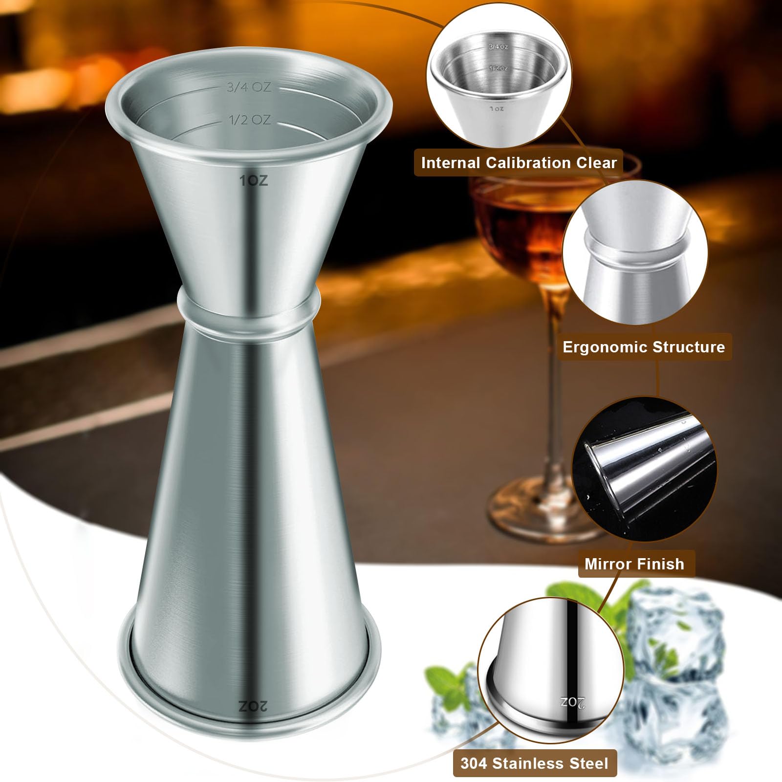 JOYONE stainless steel jigger offers durable, rust-resistant bartending tools.