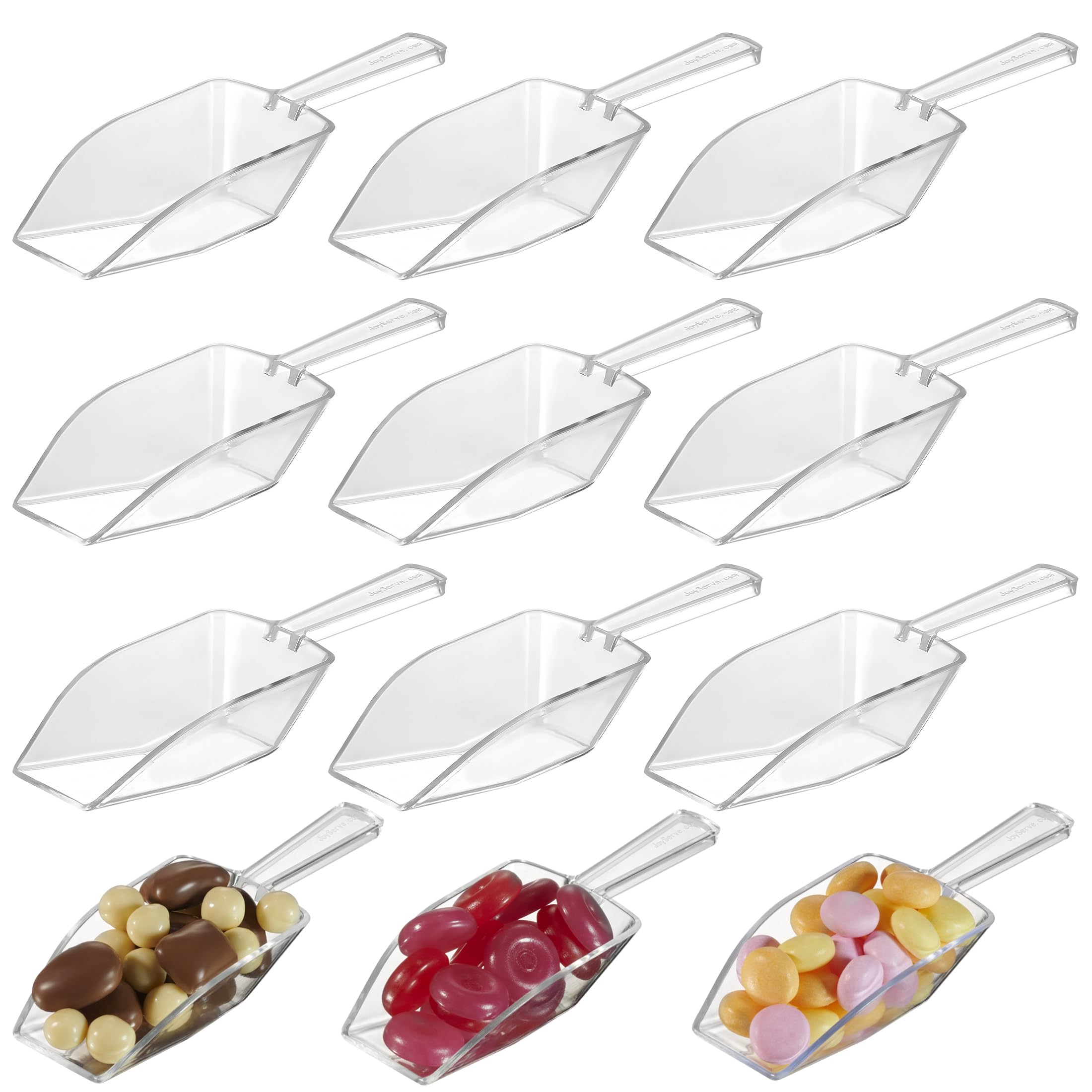 JoyServe 24-mini clear acrylic scoops pack shown for candy buffets and desserts