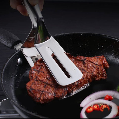 Jrsoul He spatula tongs with slotted clamp for draining fat.