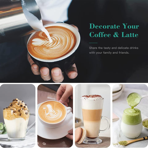 Package includes frother, extra whisk head, stencils, USB cable and pen.