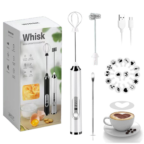 JrundMsoxz rechargeable milk frother in stand-up design for easy storage and mess-free frothing.