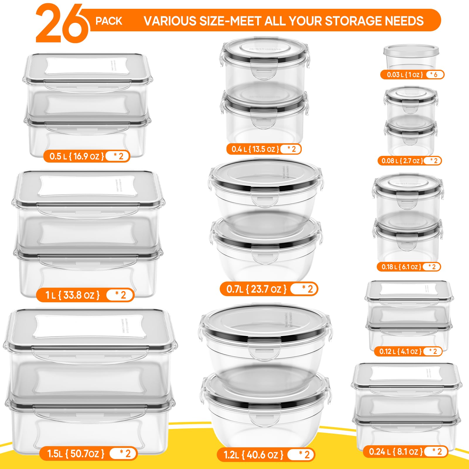 JSCARES 52-piece set of round containers with airtight lids for snacks and leftovers
