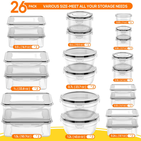 JSCARES 52-piece set of round containers with airtight lids for snacks and leftovers