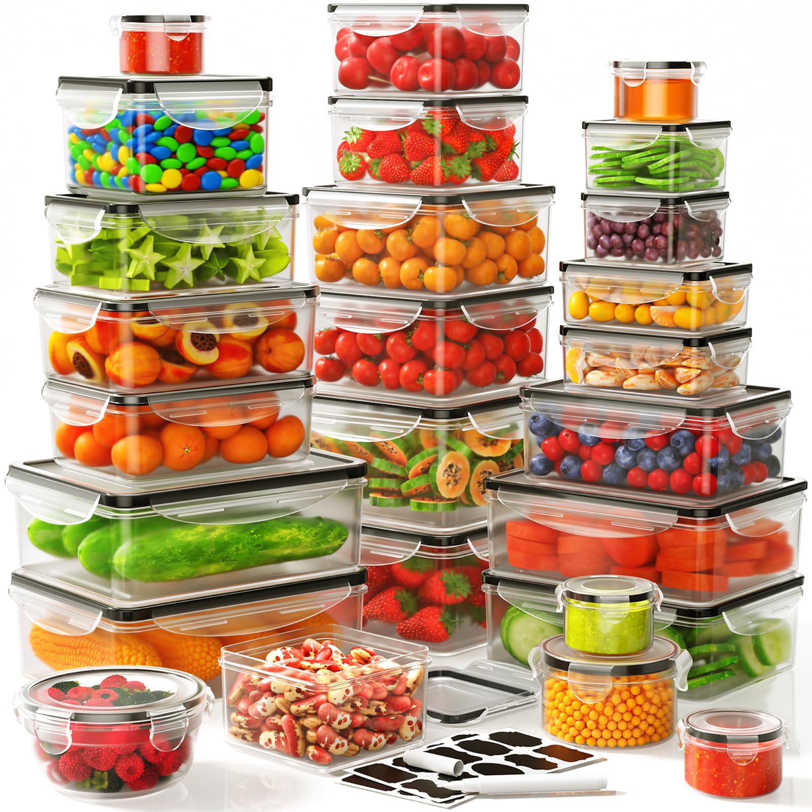 JSCARES 52-piece containers set with airtight lids for organized fridge storage.