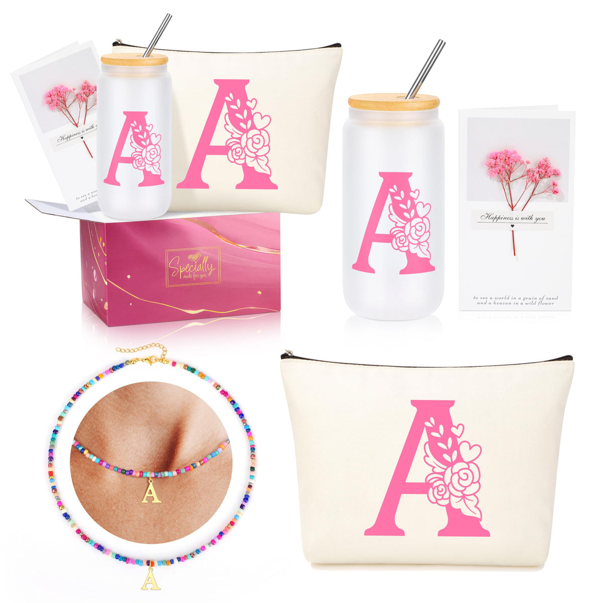 JSENGIFT 16oz initial glass cup with bamboo lid and straw for stylish hydration