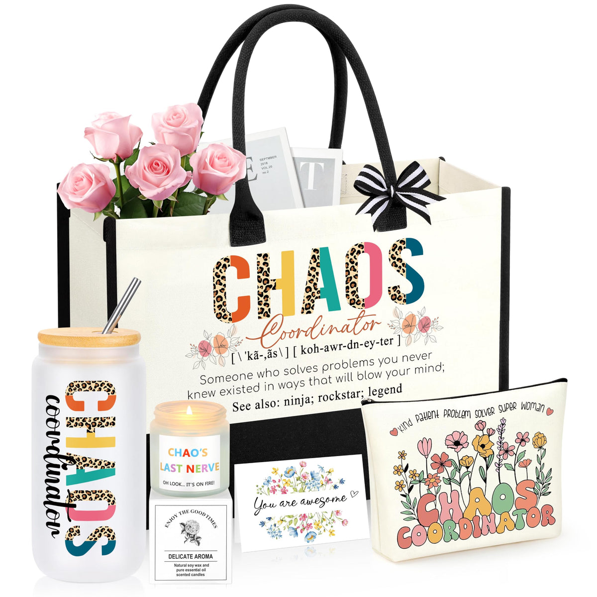 JSENGIFT Chaos Coordinator 16oz glass cup with lid and straw for desk hydration.