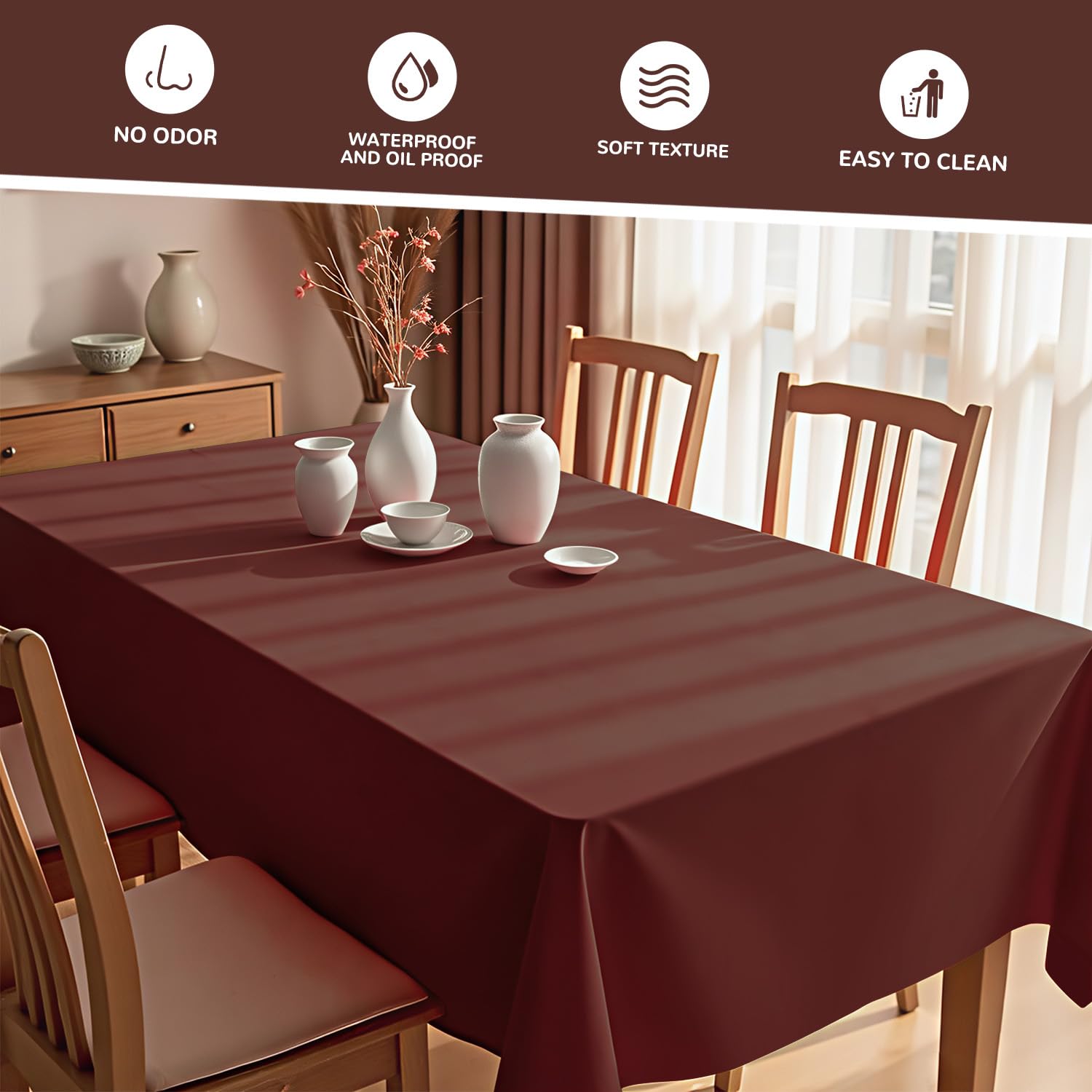 JSQBSECL PEVA tablecloth in brown is tear-resistant and non-toxic