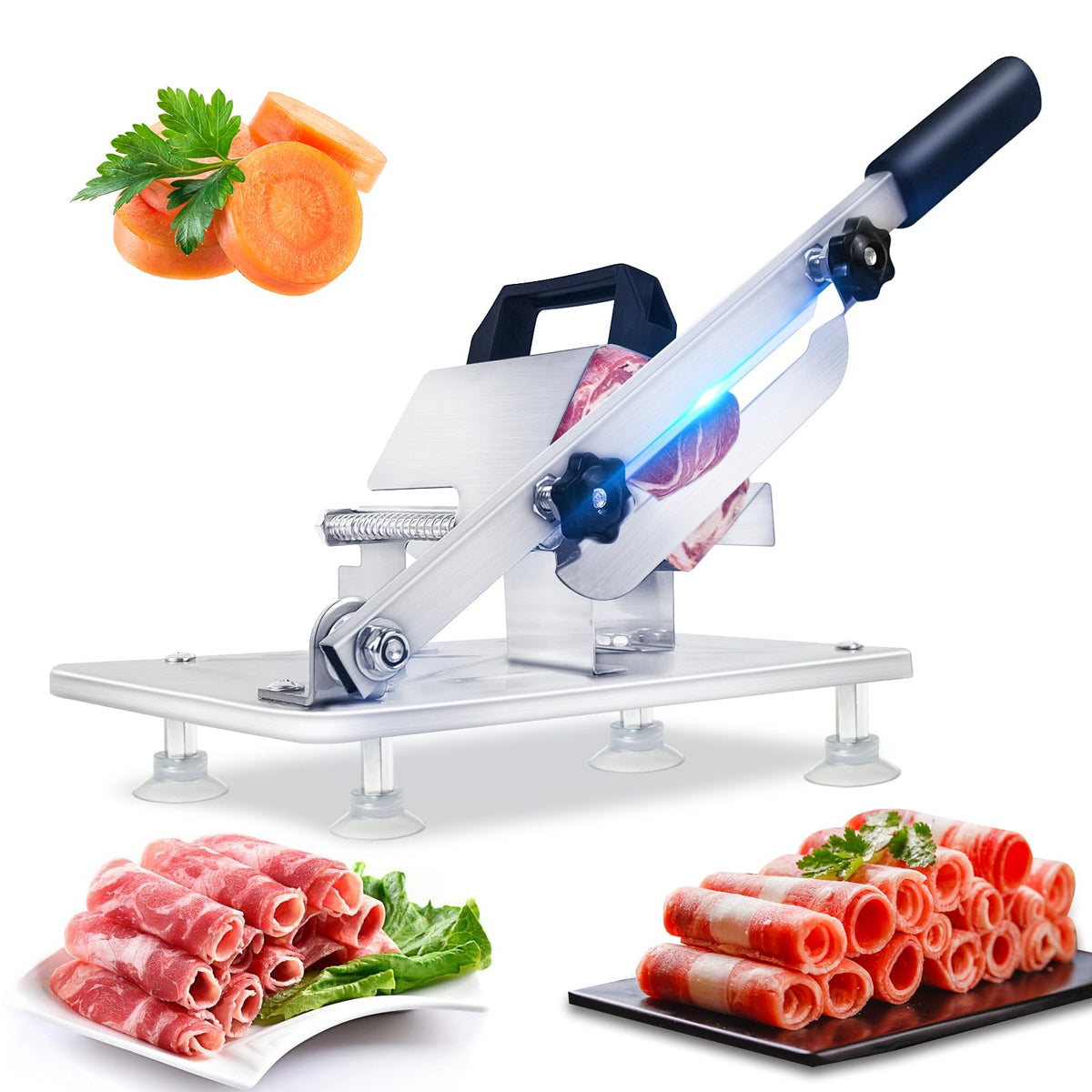 Juanwan manual frozen meat slicer front view highlights sturdy stainless steel for reliable home slicing