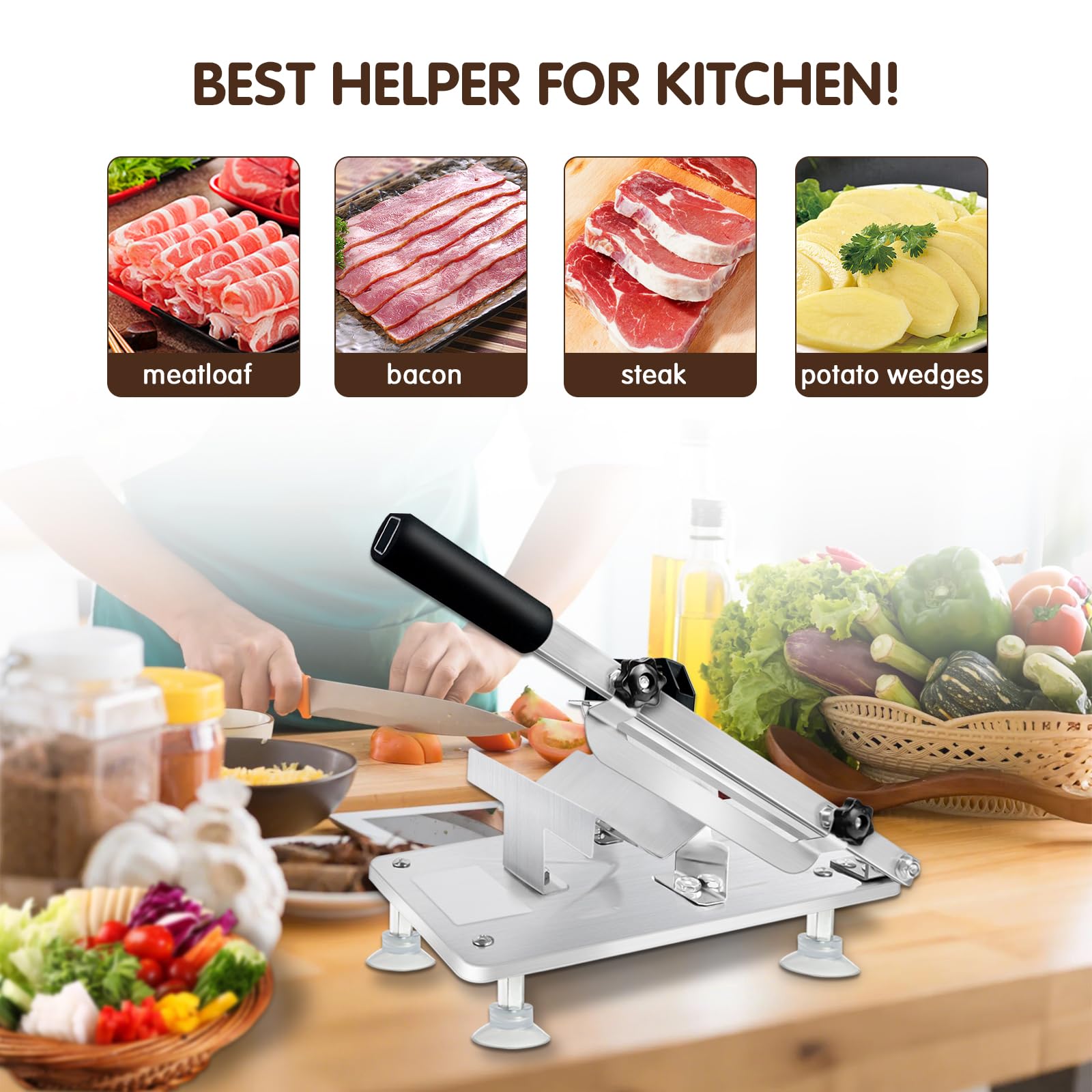 Juanwan manual frozen meat slicer thickness-adjuster close-up enables precise slice thickness