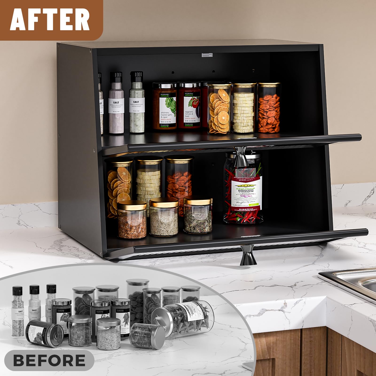 JUATPNIY black farmhouse bread box adds timeless style to any countertop.