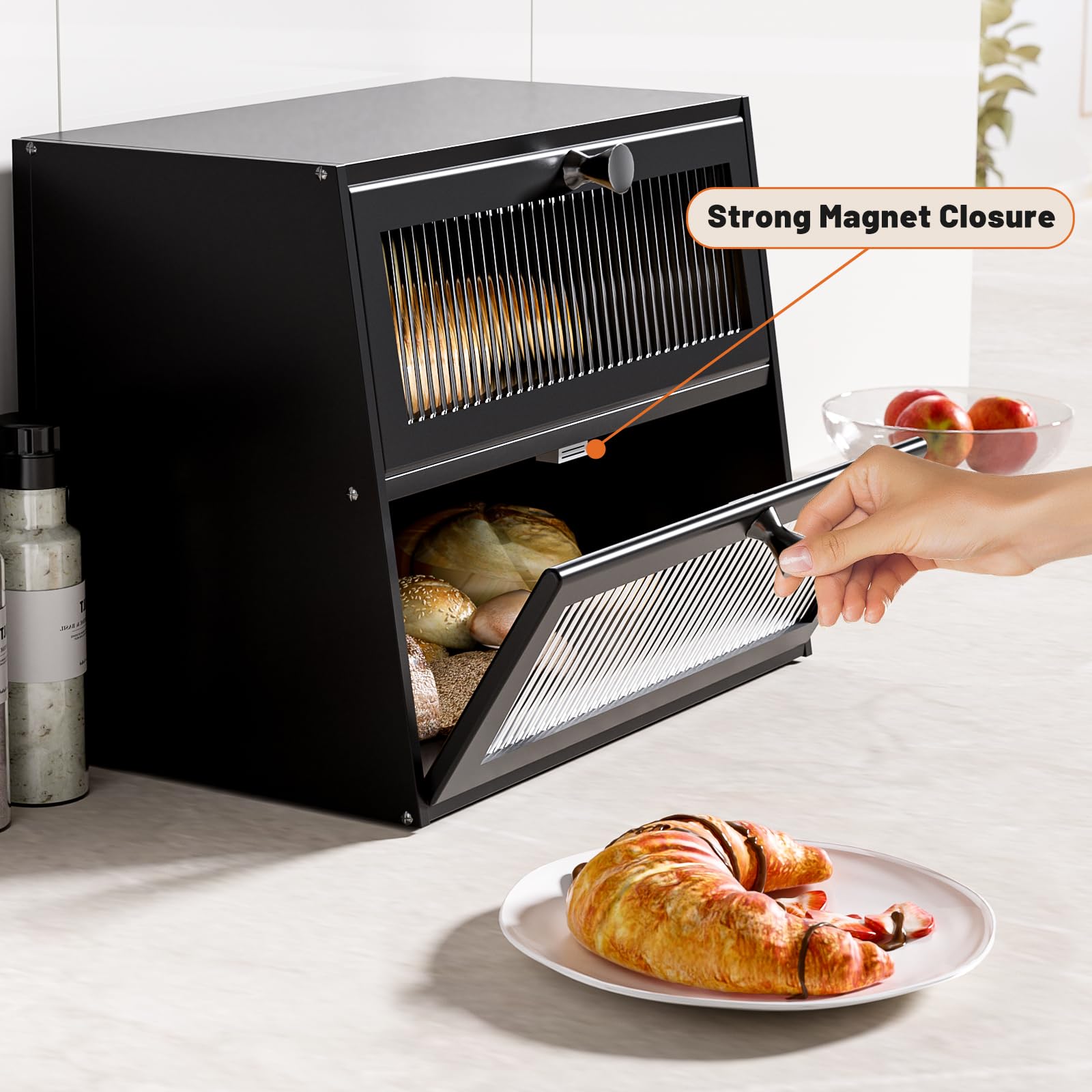 JUATPNIY double-layer bread box with doors and windows keeps flavors separate and accessible.
