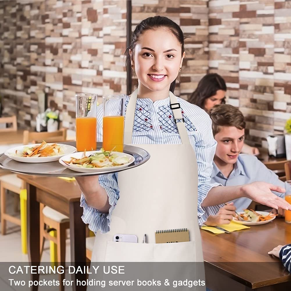 Jubatus durable stitching on beige apron supports busy cooking sessions.