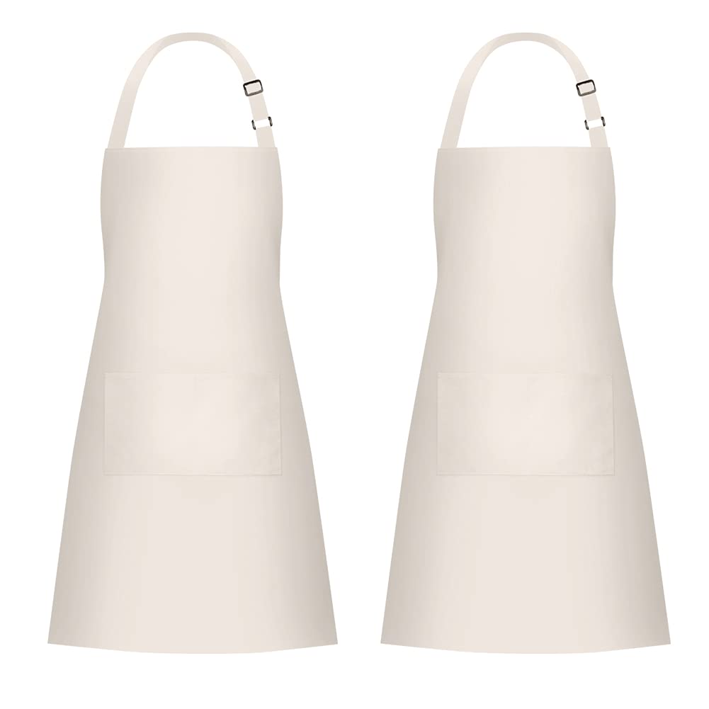 Jubatus beige apron with front pockets offers practical storage for cooks.