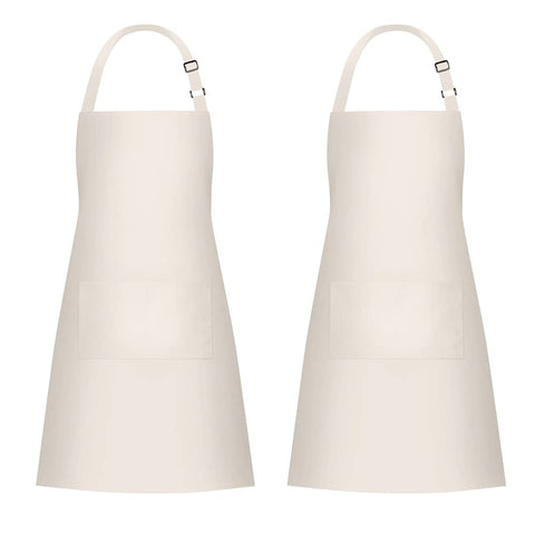 Jubatus beige apron with front pockets offers practical storage for cooks.