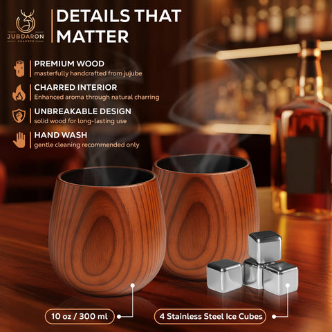 JUBDARON handcrafted wood grain detail adds timeless beauty to your whiskey ritual